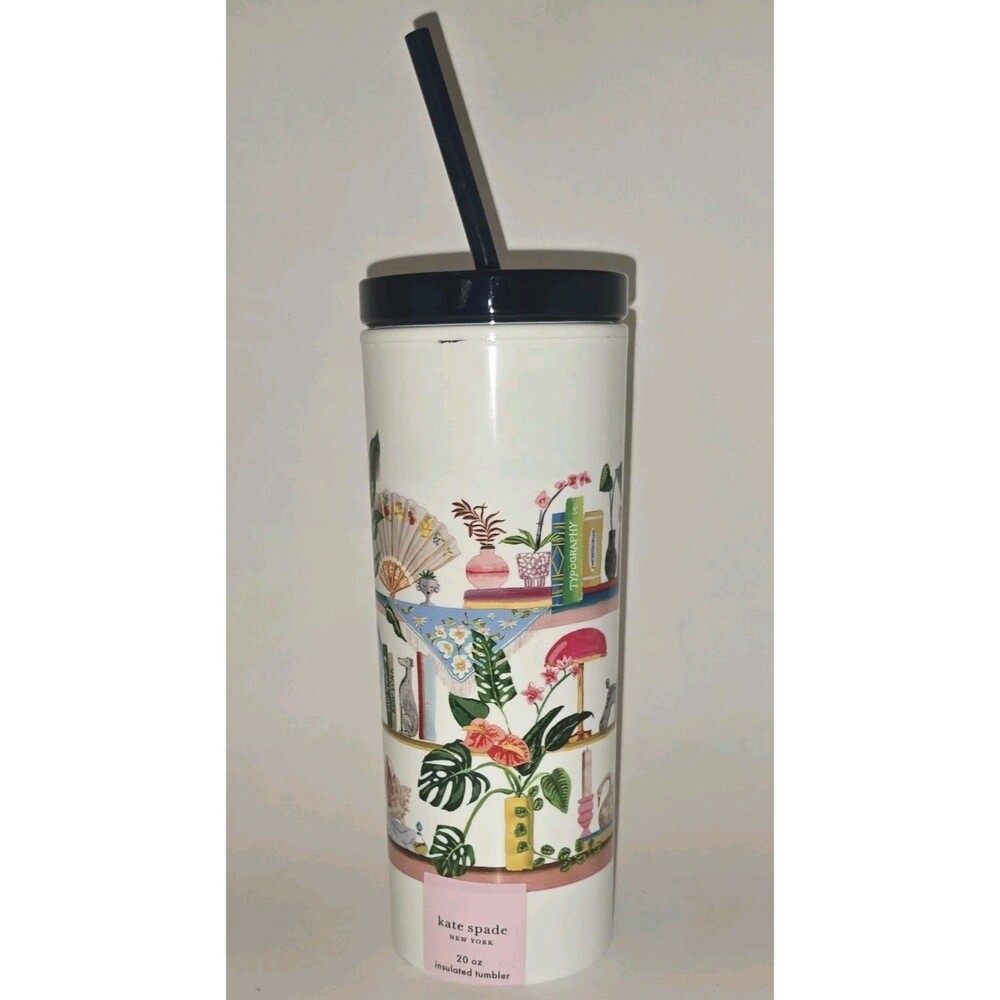Kate Spade New York Bookshelf Insulated 20 oz Tumbler With Straw, White new